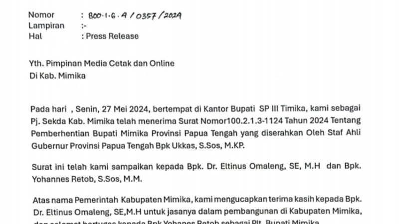 Pemkab Mimika Terima Surat Pemberhentian Bupati Eltinus Omaleng
