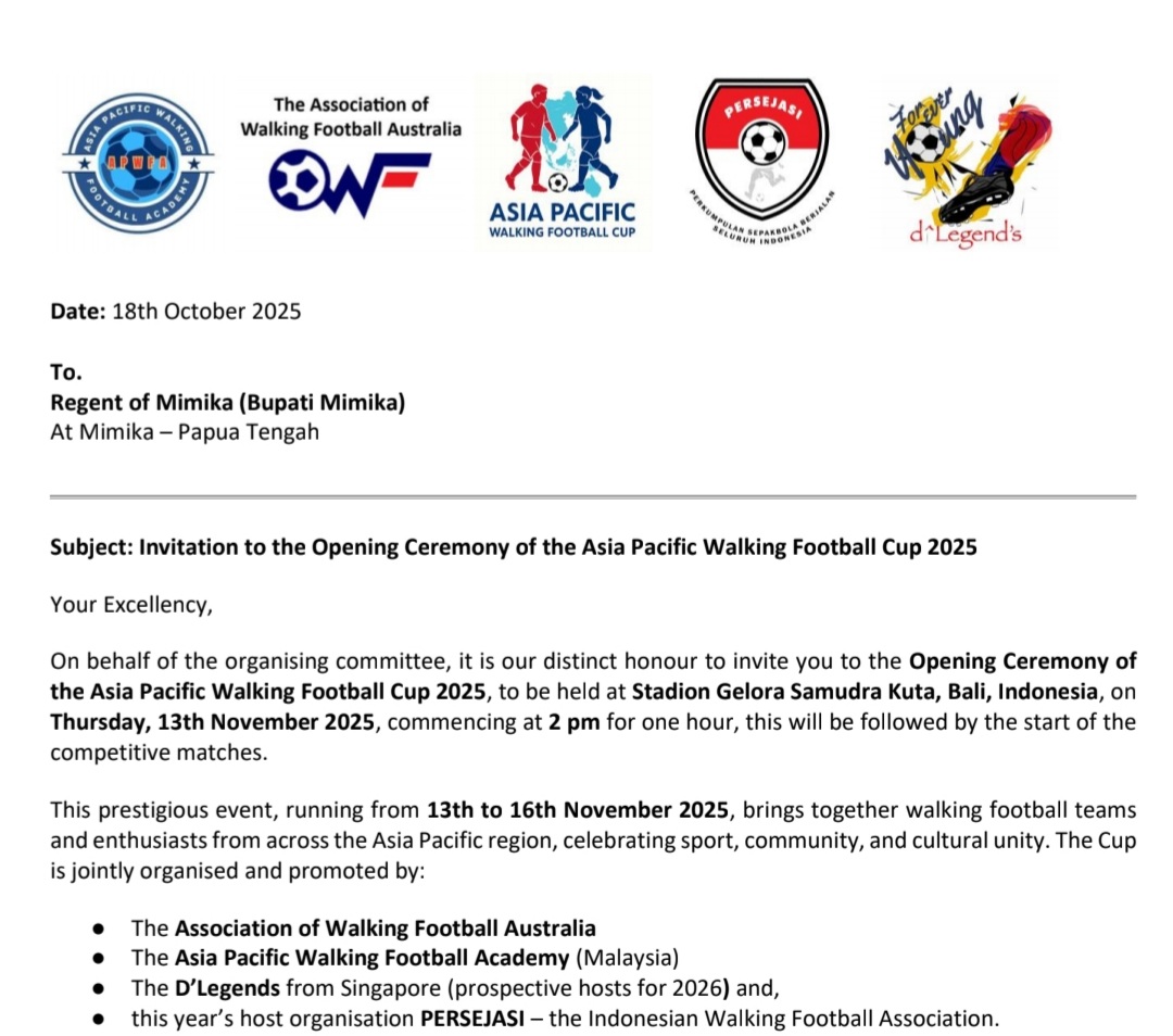Bupati Mimika Diundang Hadiri Pembukaan Asia Pacific Walking Football Cup 2025 di Bali, Papua Tengah Wakili Indonesia