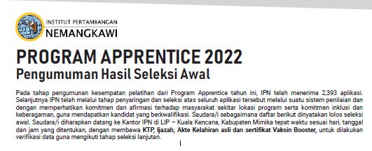 Pengumuman Hasil Seleksi Awal Program Apprentice 2022