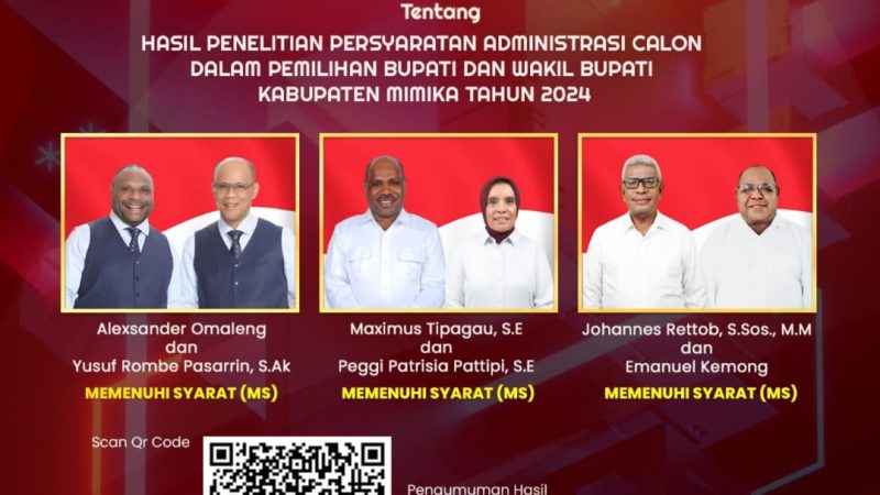 KPU : Berkas Tiga Bacalon Bupati dan Wakil Bupati Mimika Memenuhi Syarat