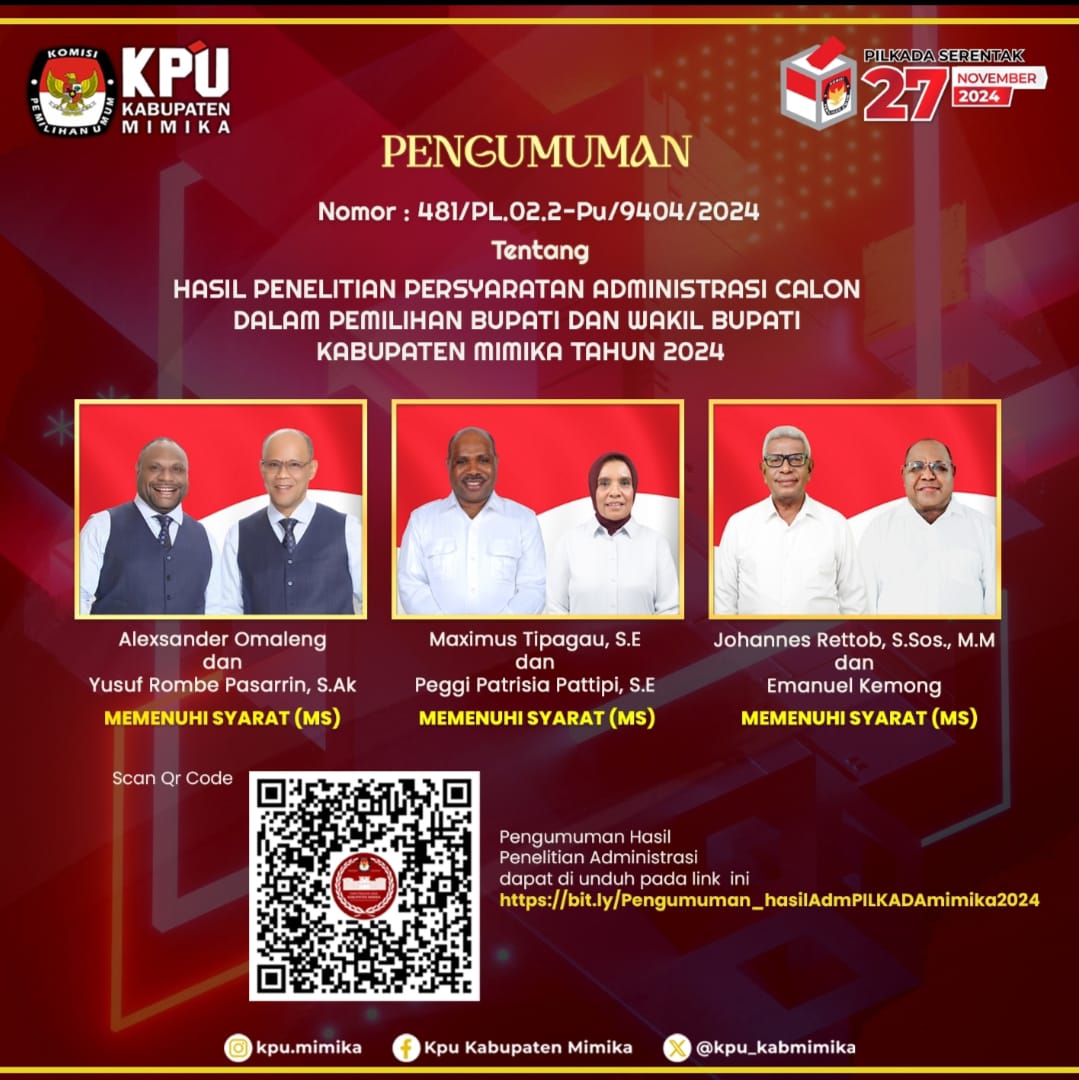 KPU : Berkas Tiga Bacalon Bupati dan Wakil Bupati Mimika Memenuhi Syarat