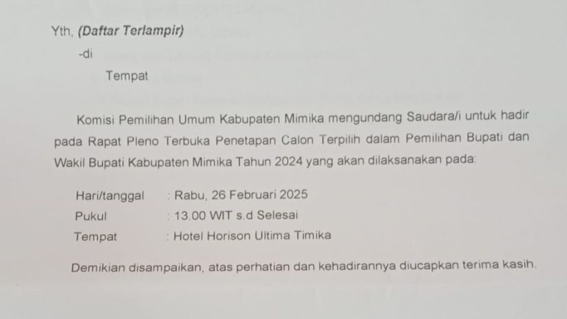 Besok, KPU Mimika Pleno Penetapan Bupati dan Wakil Bupati Mimika Terpilih 