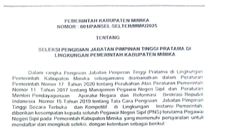 Pemda Mimika Resmi Buka Seleksi Pengisian Jabatan Tinggi Pratama, Simak Daftar OPD yang Bisa Diikuti