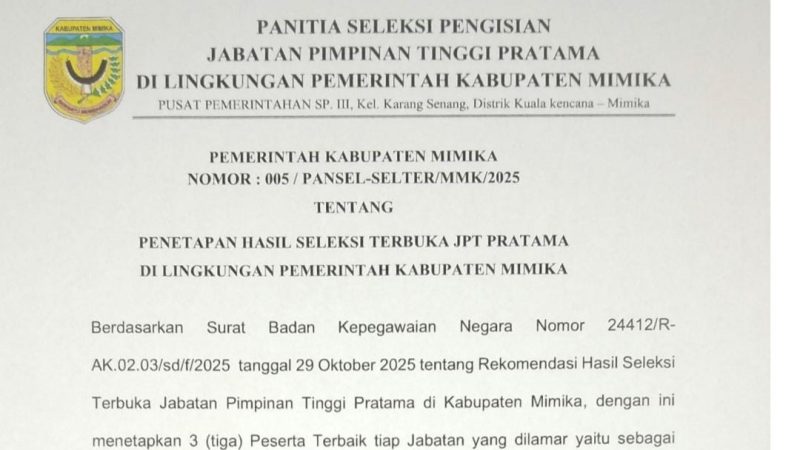 Pansel Umumkan Tiga Besar Nama-nama Pejabat Hasil Seleksi Terbuka JPT Pratama Tahun 2025